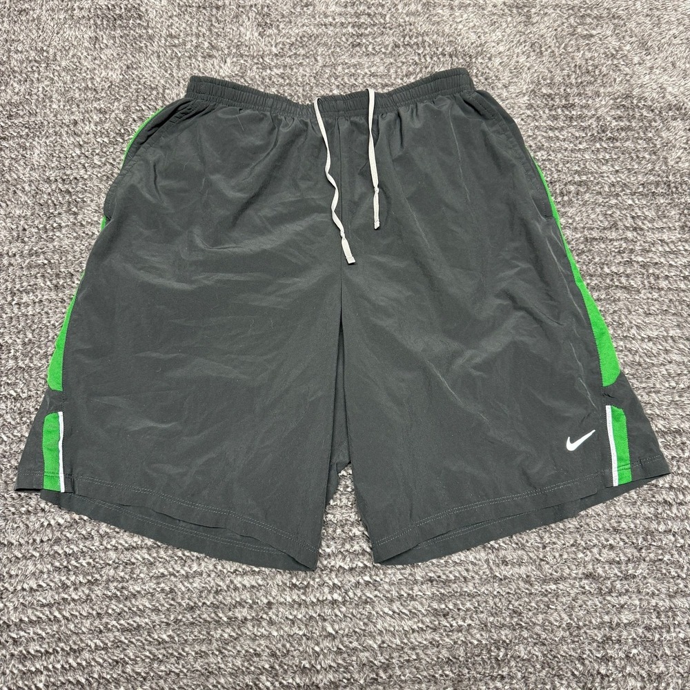 Nike Mens Large Dri-Fit Shorts Gray Green Athletic Running Gym Lined Pockets